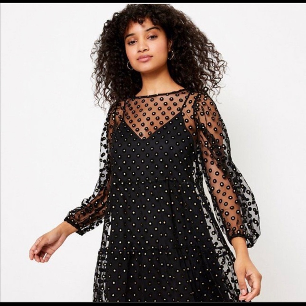 Black loft dress with gold polka dots